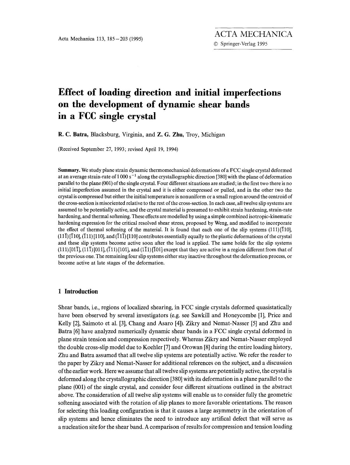 Effect of loading direction and initial imperfections on the development of dynamic shear bands in a FCC single crystal by Unknown