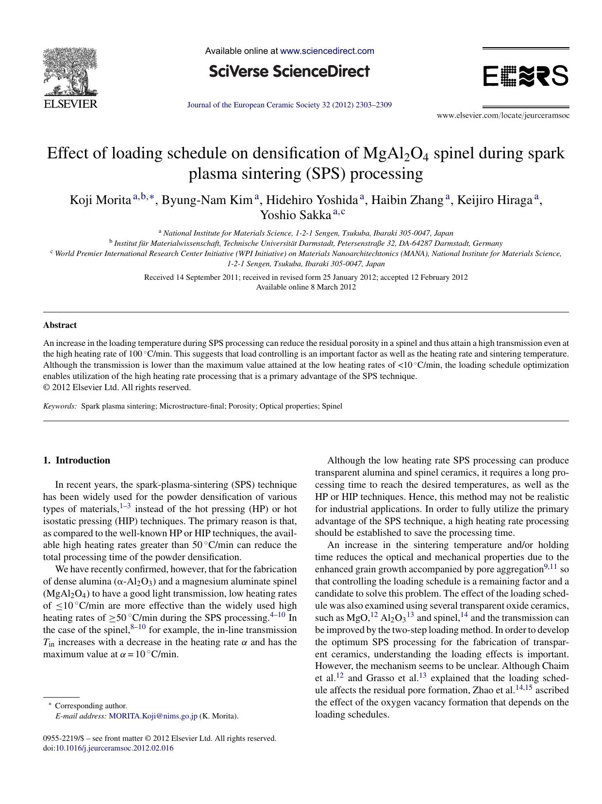 Effect of loading schedule on densification of MgAl2O4 spinel during spark plasma sintering (SPS) processing by Koji Morita