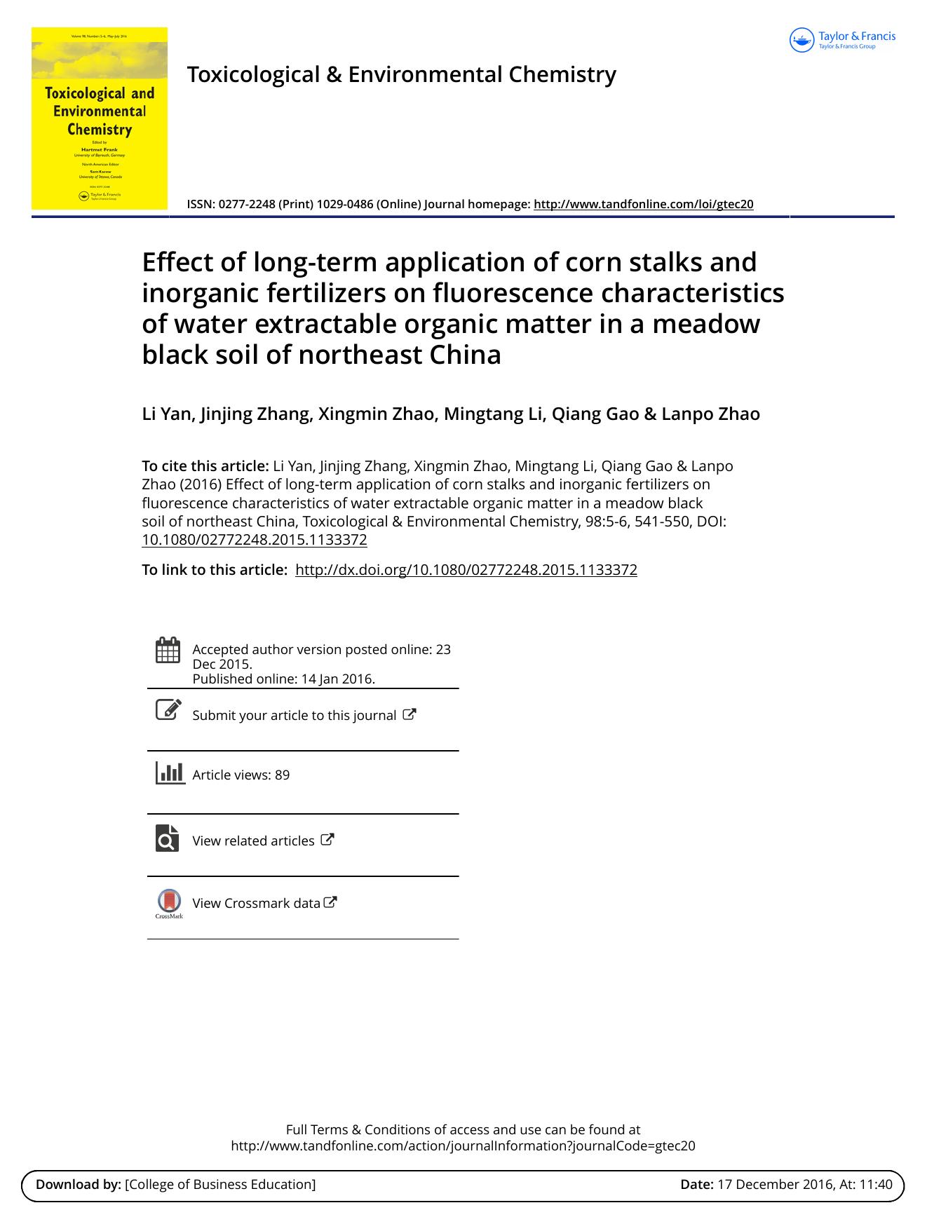 Effect of long-term application of corn stalks and inorganic fertilizers on fluorescence characteristics of water extractable organic matter in a meadow black soil of northeast China by Li Yan & Jinjing Zhang & Xingmin Zhao & Mingtang Li & Qiang Gao & Lanpo Zhao