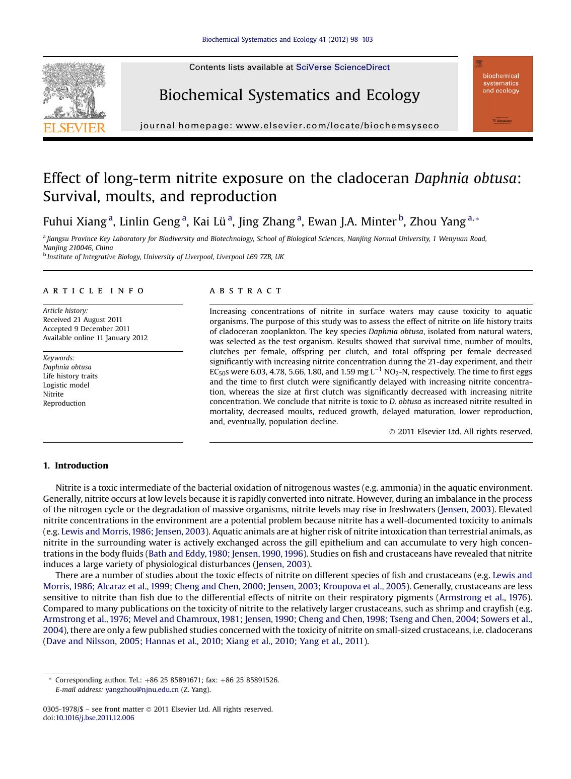 Effect of long-term nitrite exposure on the cladoceran Daphnia obtusa: Survival, moults, and reproduction by Fuhui Xiang & Linlin Geng & Kai Lü & Jing Zhang & Ewan J.A. Minter & Zhou Yang
