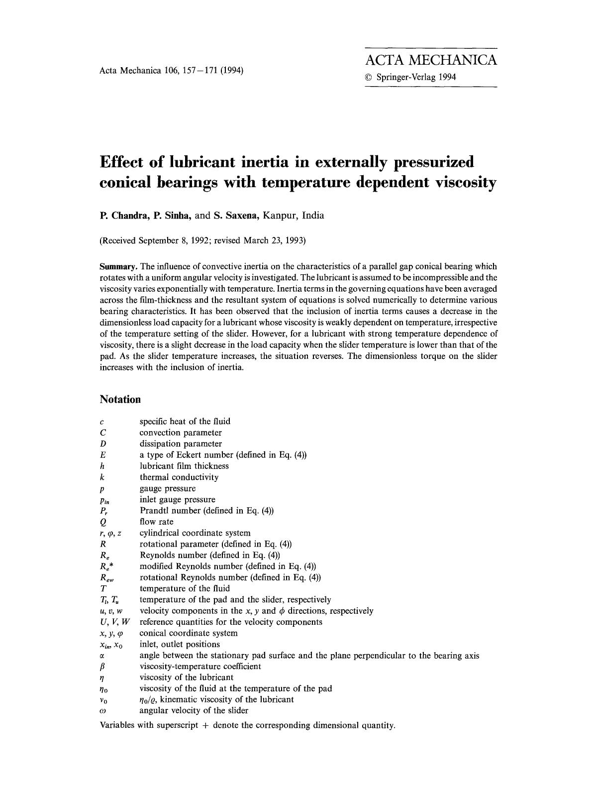 Effect of lubricant inertia in externally pressurized conical bearings with temperature dependent viscosity by Unknown