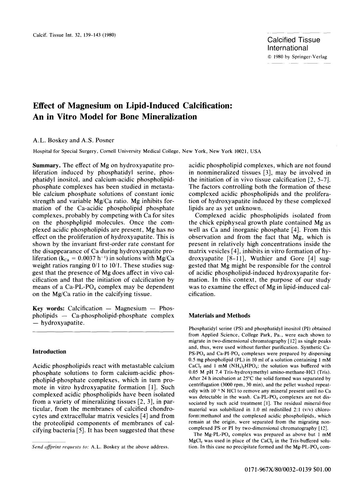 Effect of magnesium on lipid-induced calcification: An in vitro model for bone mineralization by Unknown