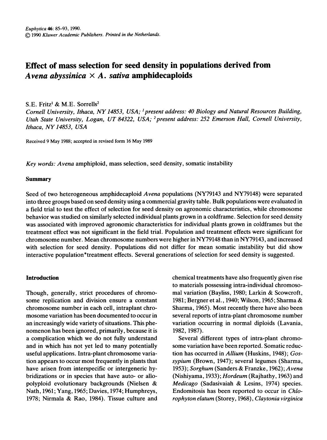 Effect of mass selection for seed density in populations derived from <Emphasis Type="Italic">Avena abyssinica x A. sativa <Emphasis> amphidecaploids by Unknown