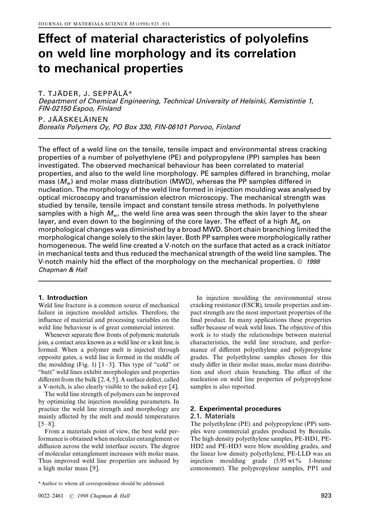 Effect of material characteristics of polyolefins on weld line morphology and its correlation to mechanical properties by Unknown