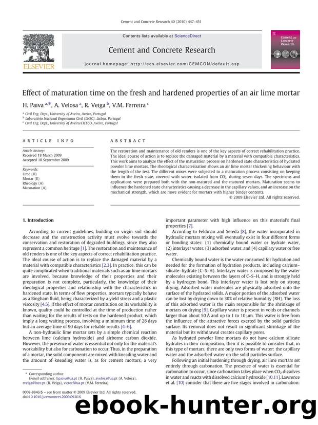 Effect of maturation time on the fresh and hardened properties of an air lime mortar by H. Paiva; A. Velosa; R. Veiga; V.M. Ferreira