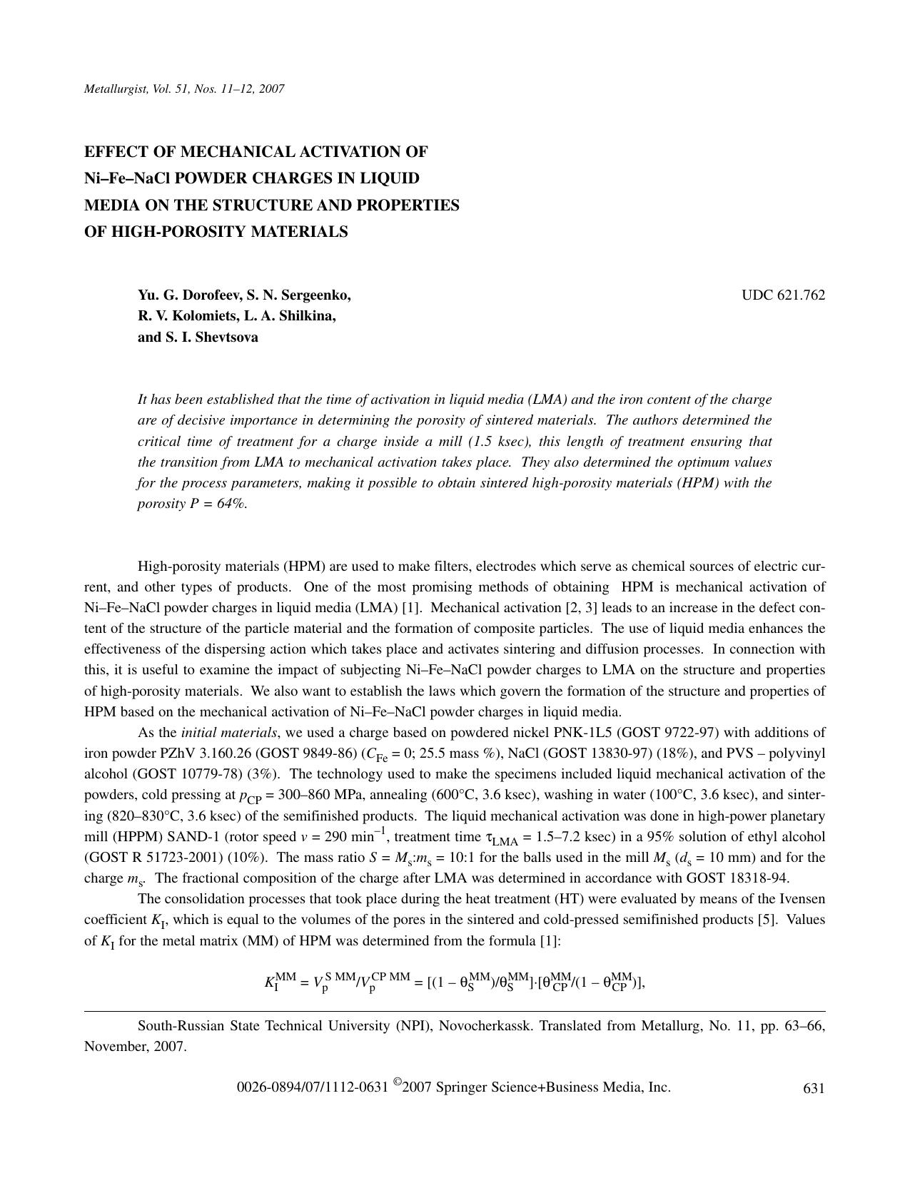 Effect of mechanical activation of Ni-Fe-NaCl powder charges in liquid media on the structure and properties of high-porosity materials by Unknown