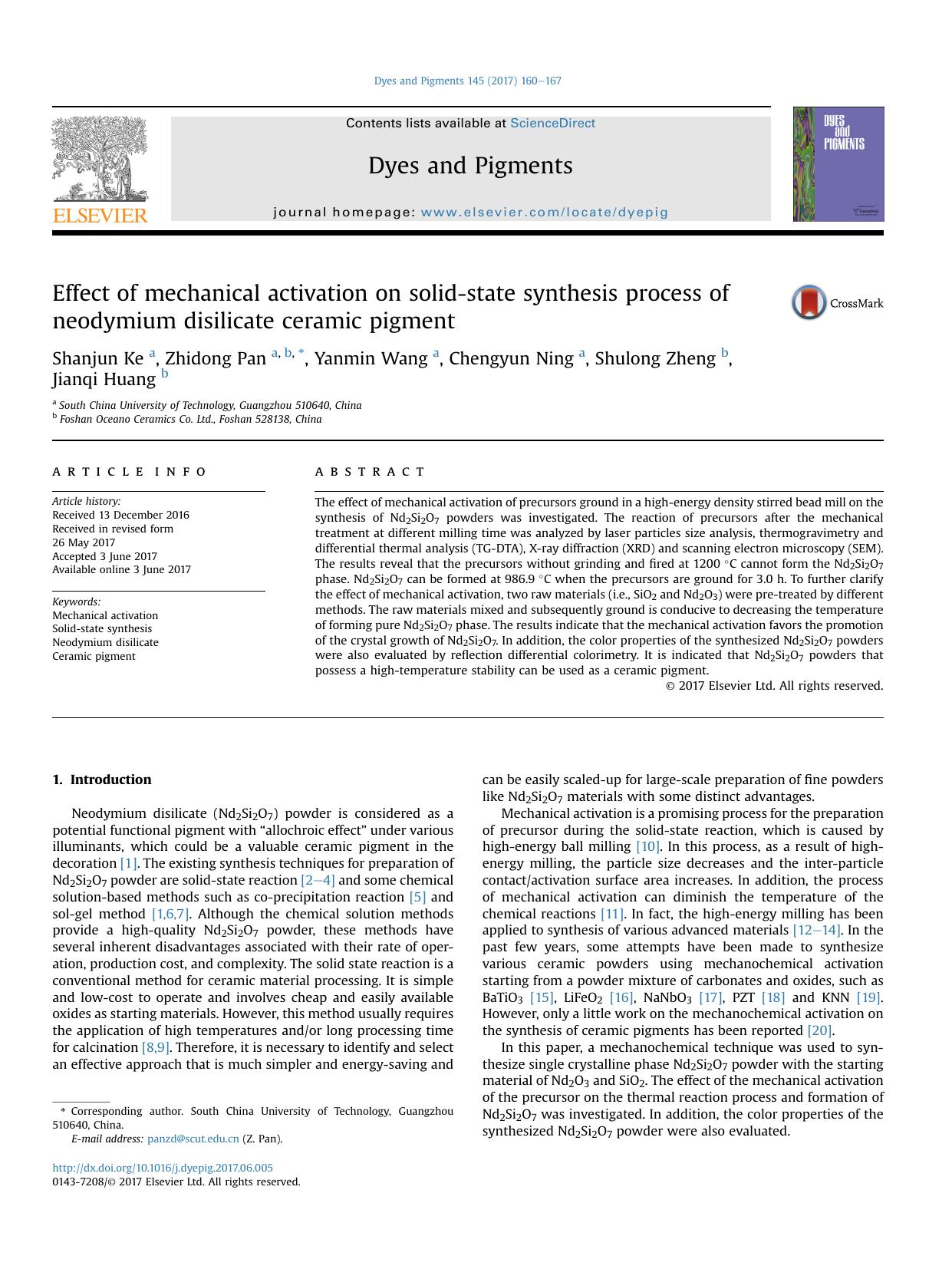 Effect of mechanical activation on solid-state synthesis process of neodymium disilicate ceramic pigment by Shanjun Ke & Zhidong Pan & Yanmin Wang & Chengyun Ning & Shulong Zheng & Jianqi Huang