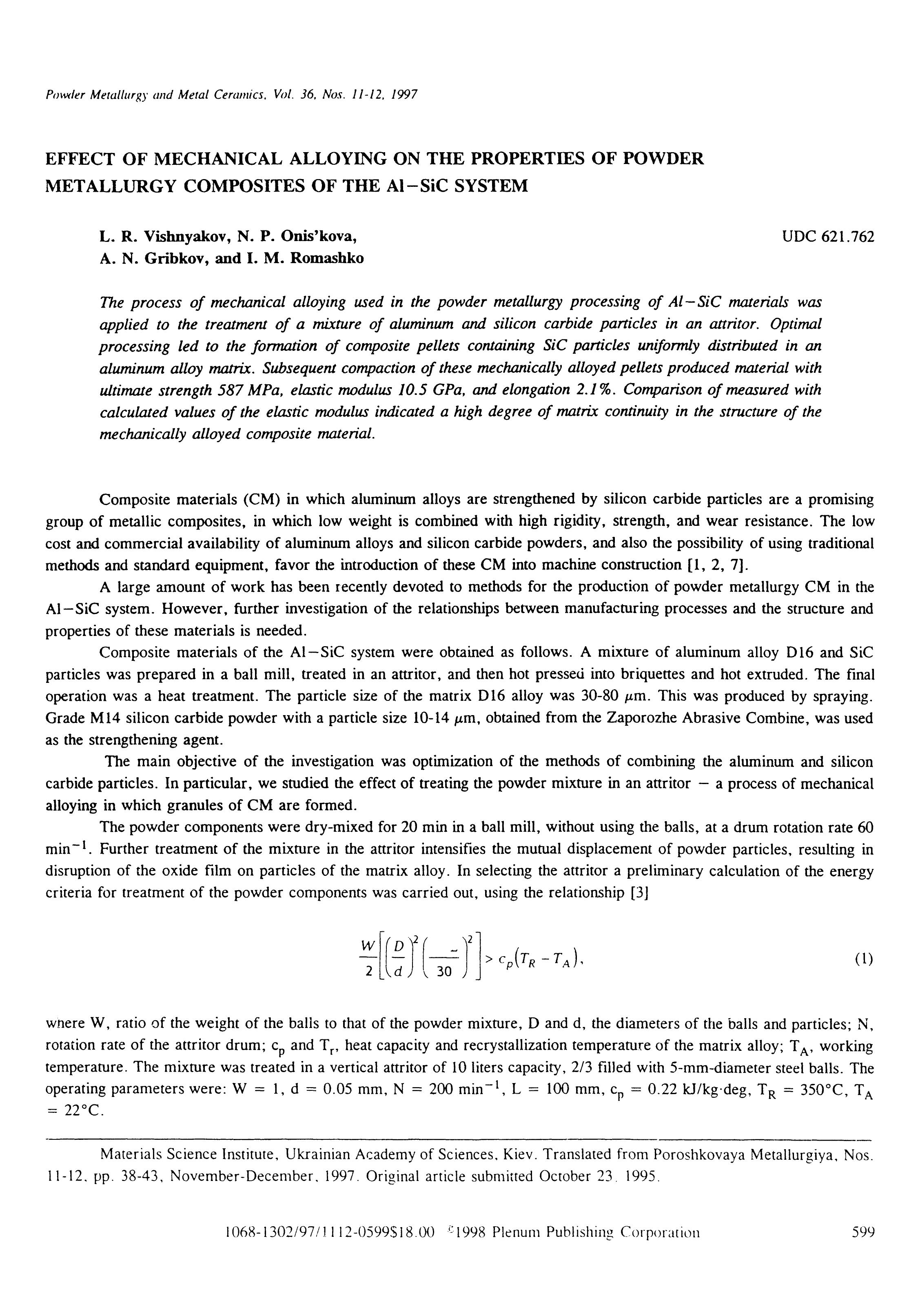Effect of mechanical alloying on the properties of powder metallurgy composites of the Al-SiC system by Unknown