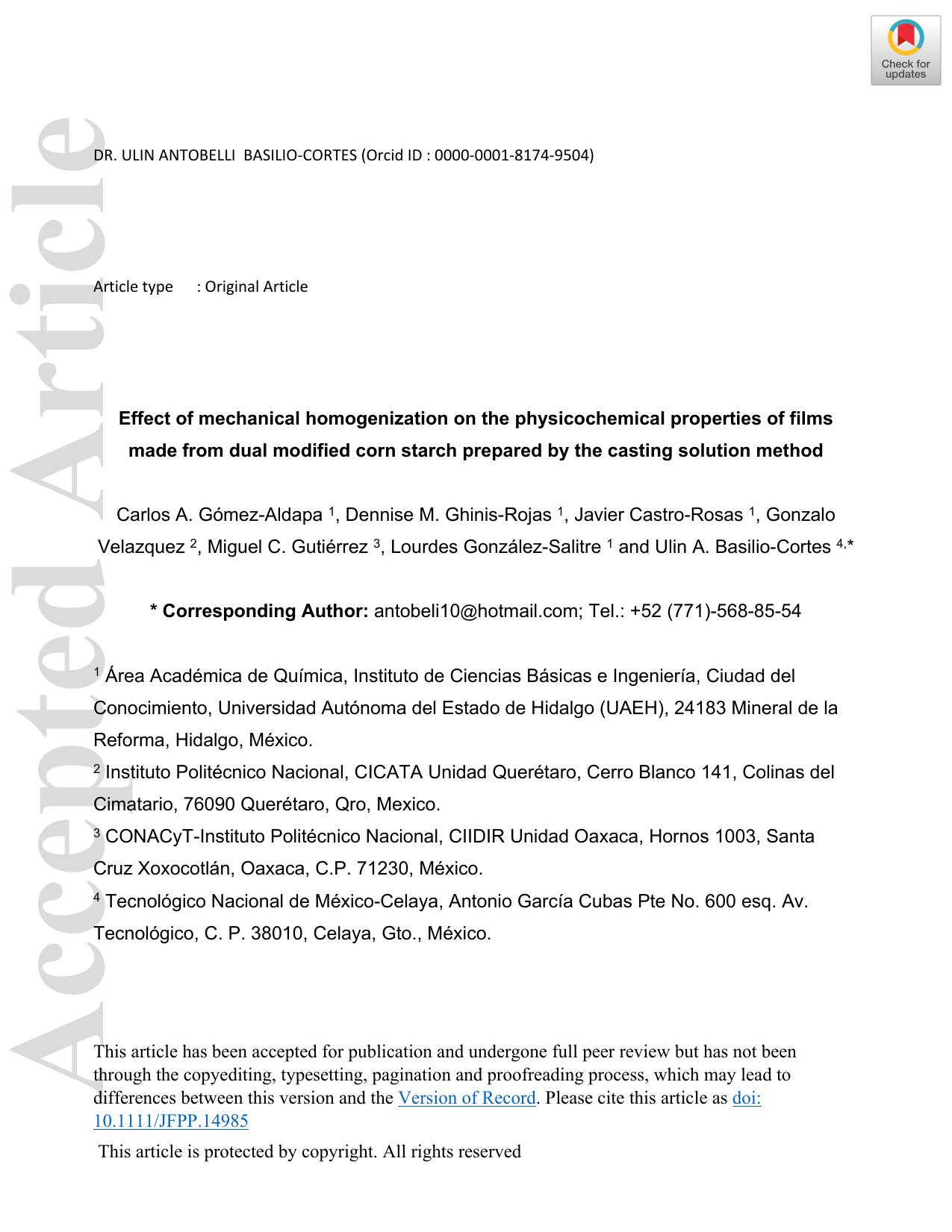 Effect of mechanical homogenization on the physicochemical properties of films made from dual modified corn starch prepared by the casting solution method by Unknown