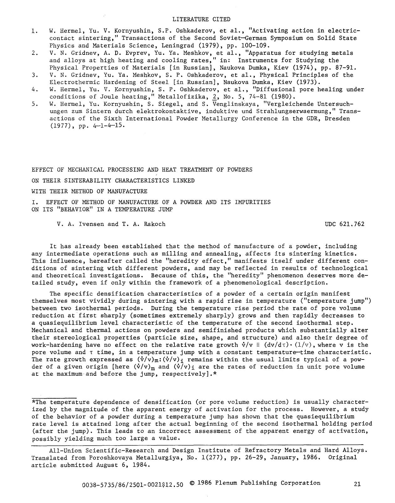 Effect of mechanical processing and heat treatment of powders on their sinterability characteristics linked with their method of manufacture by Unknown