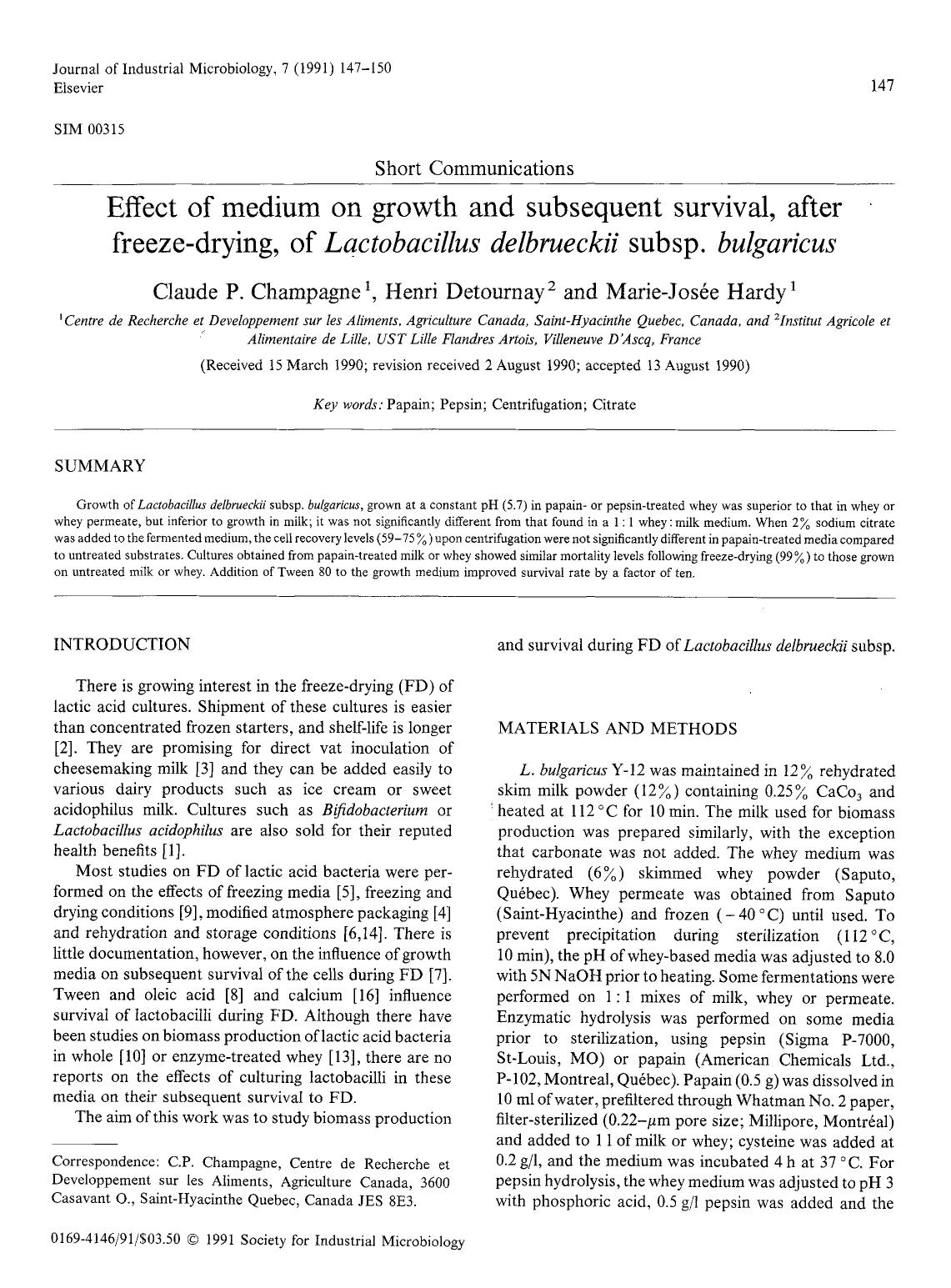 Effect of medium on growth and subsequent survival, after freeze-drying, of <Emphasis Type="Italic">Lactobacillus delbrueckii <Emphasis> subsp. <Emphasis Type="Italic">bulgaricus <Emphasis> by Unknown