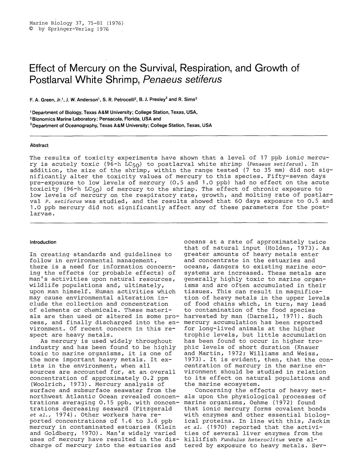 Effect of mercury on the survival, respiration, and growth of postlarval white shrimp, <Emphasis Type="Italic">Penaeus setiferus<Emphasis> by Unknown