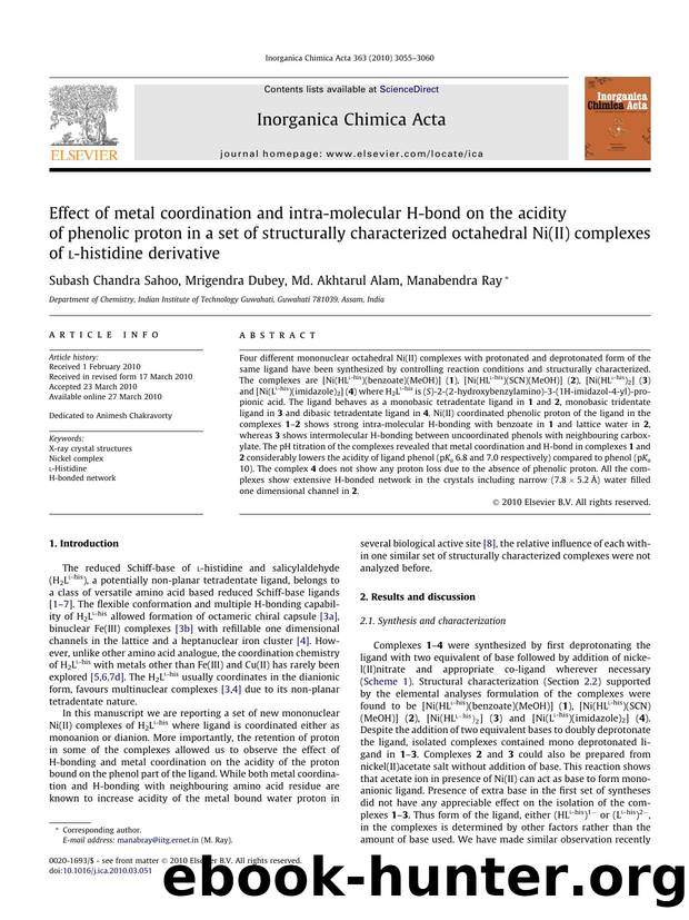 Effect of metal coordination and intra-molecular H-bond on the acidity of phenolic proton in a set of structurally characterized octahedral Ni(II) complexes of l-histidine derivative by Subash Chandra Sahoo & Mrigendra Dubey & Md. Akhtarul Alam & Manabendra Ray