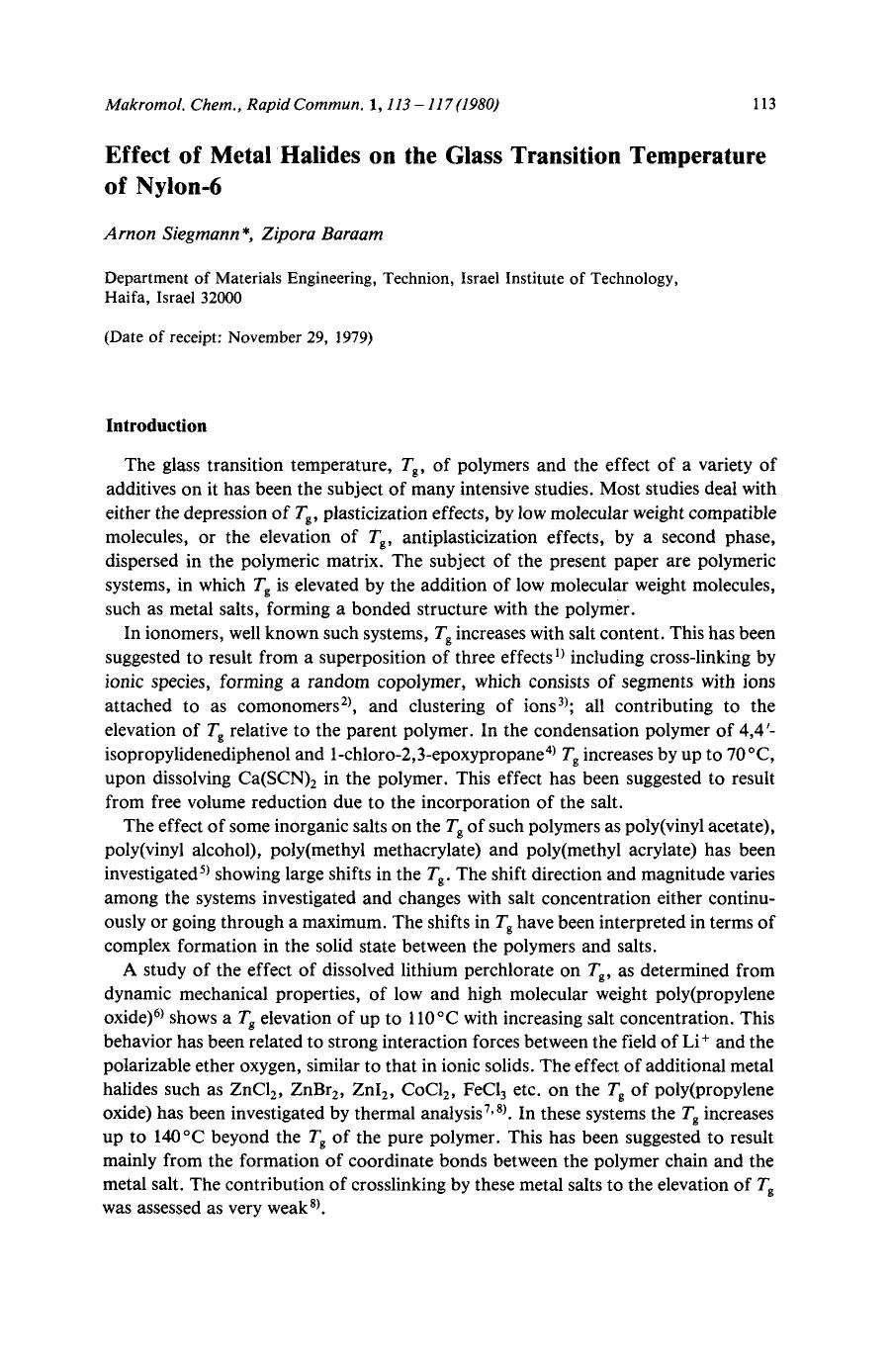 Effect of metal halides on the glass transition temperature of nylon-6 by Unknown
