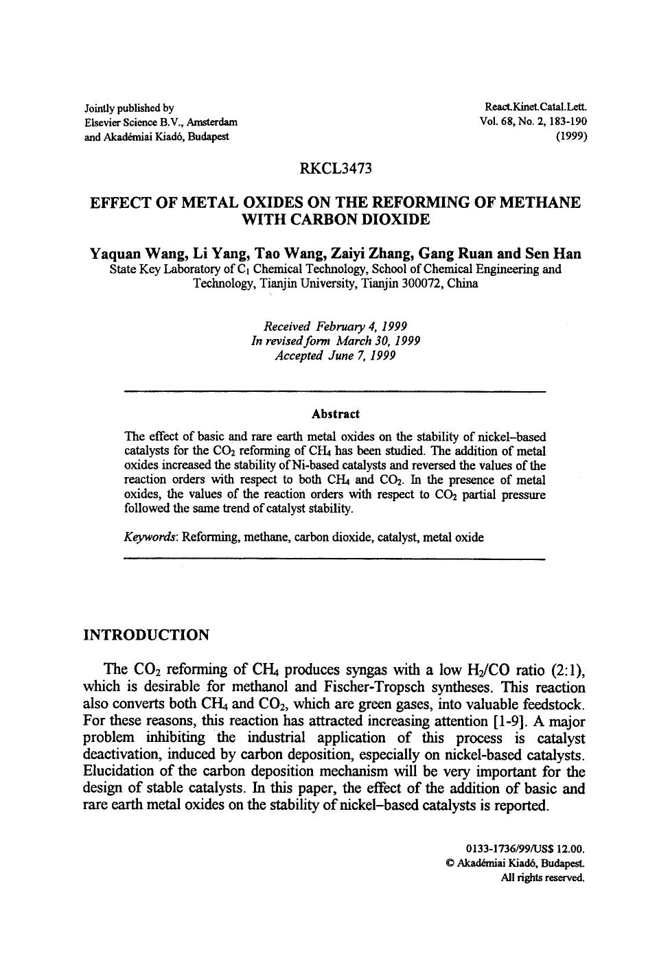 Effect of metal oxides on the reforming of methane with carbon dioxide by Unknown