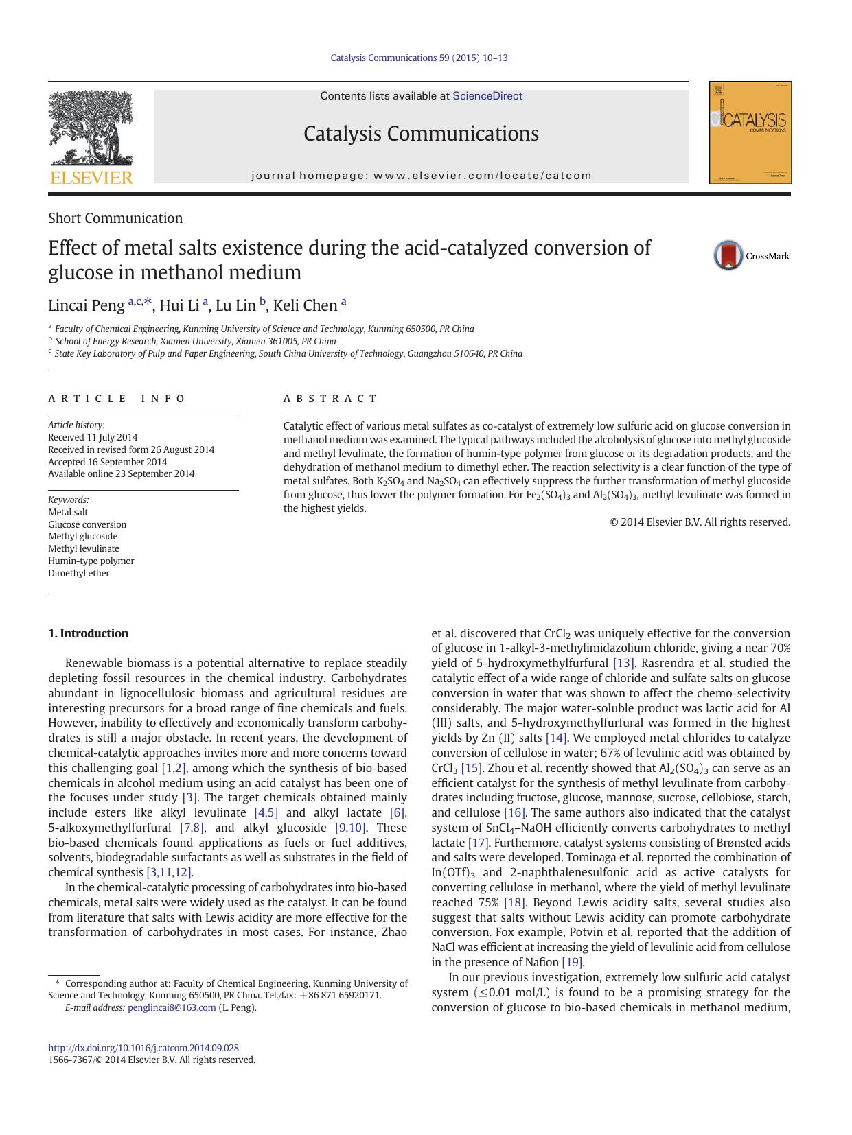 Effect of metal salts existence during the acid-catalyzed conversion of glucose in methanol medium by Lincai Peng & Hui Li & Lu Lin & Keli Chen
