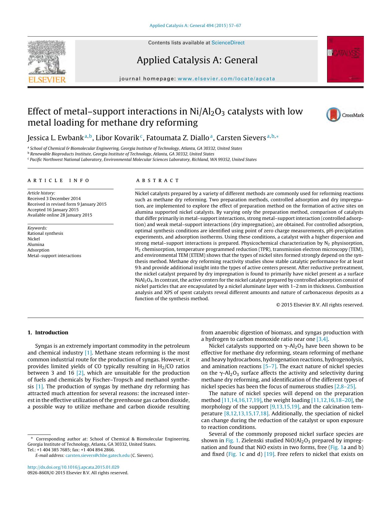 Effect of metalâsupport interactions in NiAl2O3 catalysts with low metal loading for methane dry reforming by Jessica L. Ewbank & Libor Kovarik & Fatoumata Z. Diallo & Carsten Sievers
