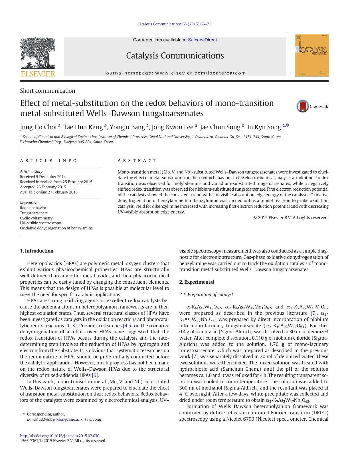 Effect of metal-substitution on the redox behaviors of mono-transition metal-substituted WellsâDawson tungstoarsenates by Jung Ho Choi & Tae Hun Kang & Yongju Bang & Jong Kwon Lee & Jae Chun Song & In Kyu Song