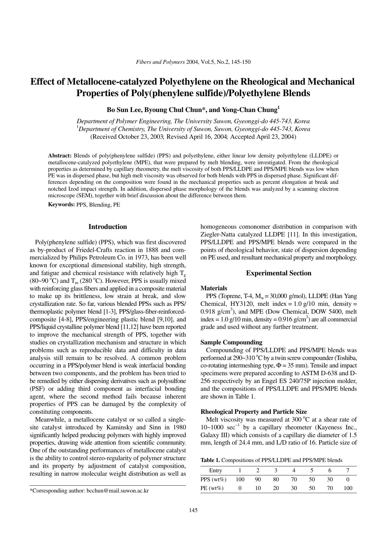 Effect of metallocene-catalyzed polyethylene on the rheological and mechanical properties of poly(phenylene sulfide)polyethylene blends by Unknown