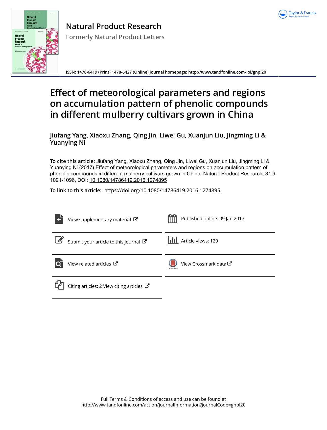 Effect of meteorological parameters and regions on accumulation pattern of phenolic compounds in different mulberry cultivars grown in China by Jiufang Yang & Xiaoxu Zhang & Qing Jin & Liwei Gu & Xuanjun Liu & Jingming Li & Yuanying Ni
