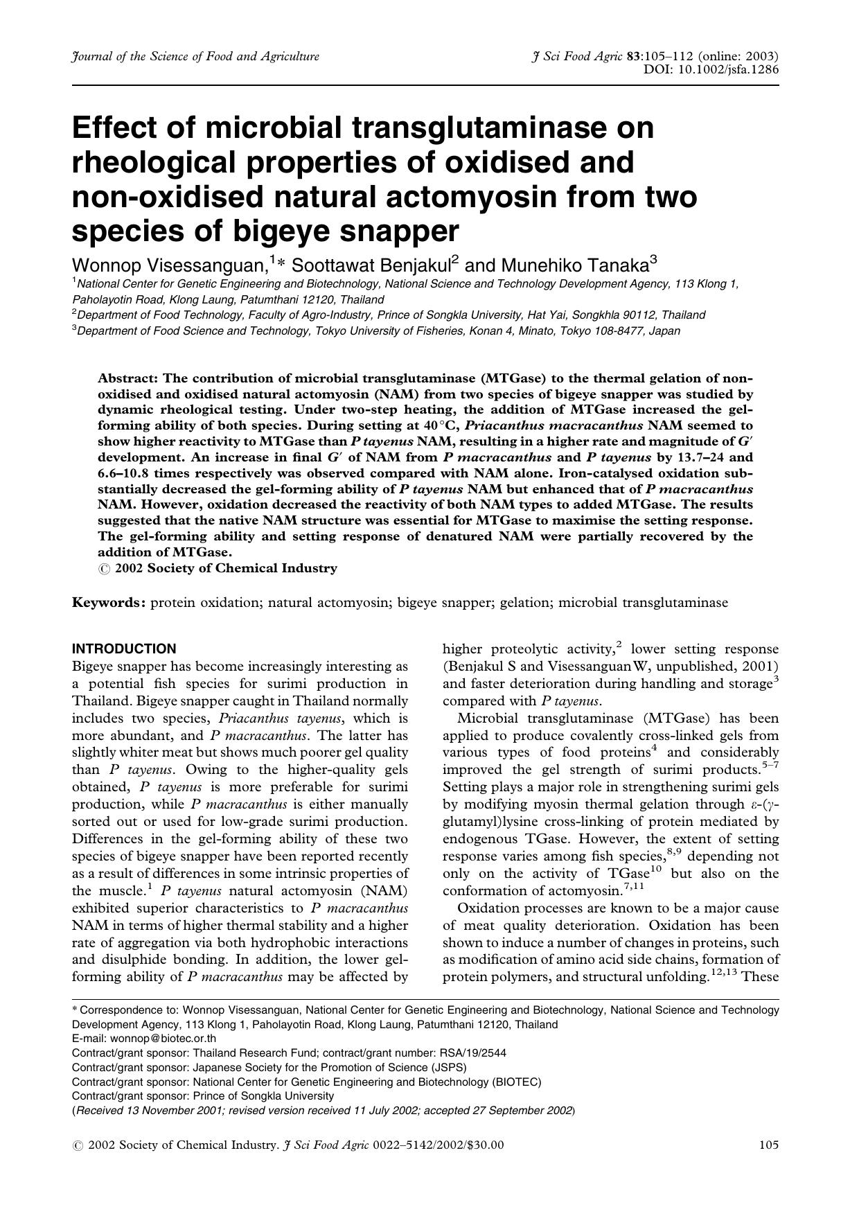 Effect of microbial transglutaminase on rheological properties of oxidised and non-oxidised natural actomyosin from two species of bigeye snapper by Unknown