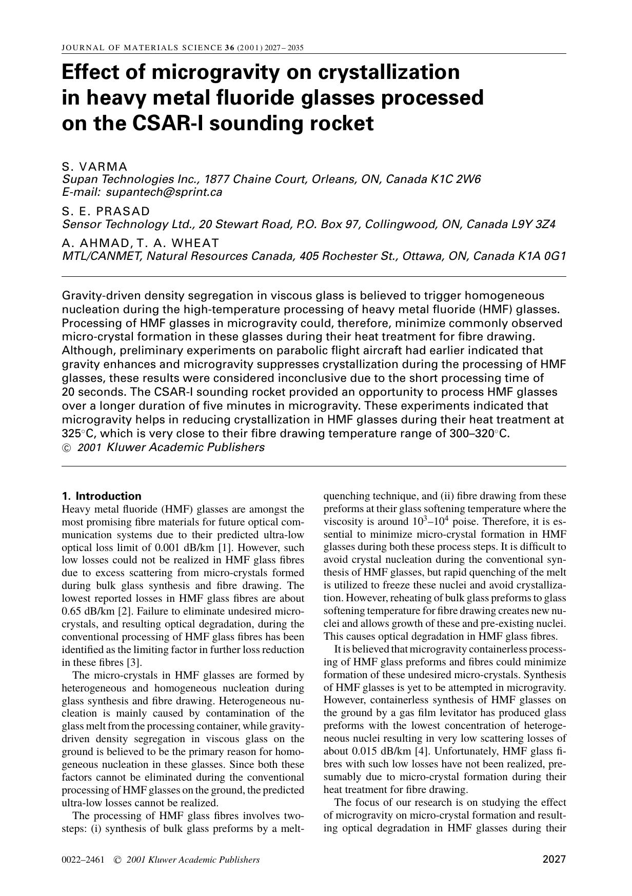 Effect of microgravity on crystallization in heavy metal fluoride glasses processed on the CSAR-I sounding rocket by Unknown
