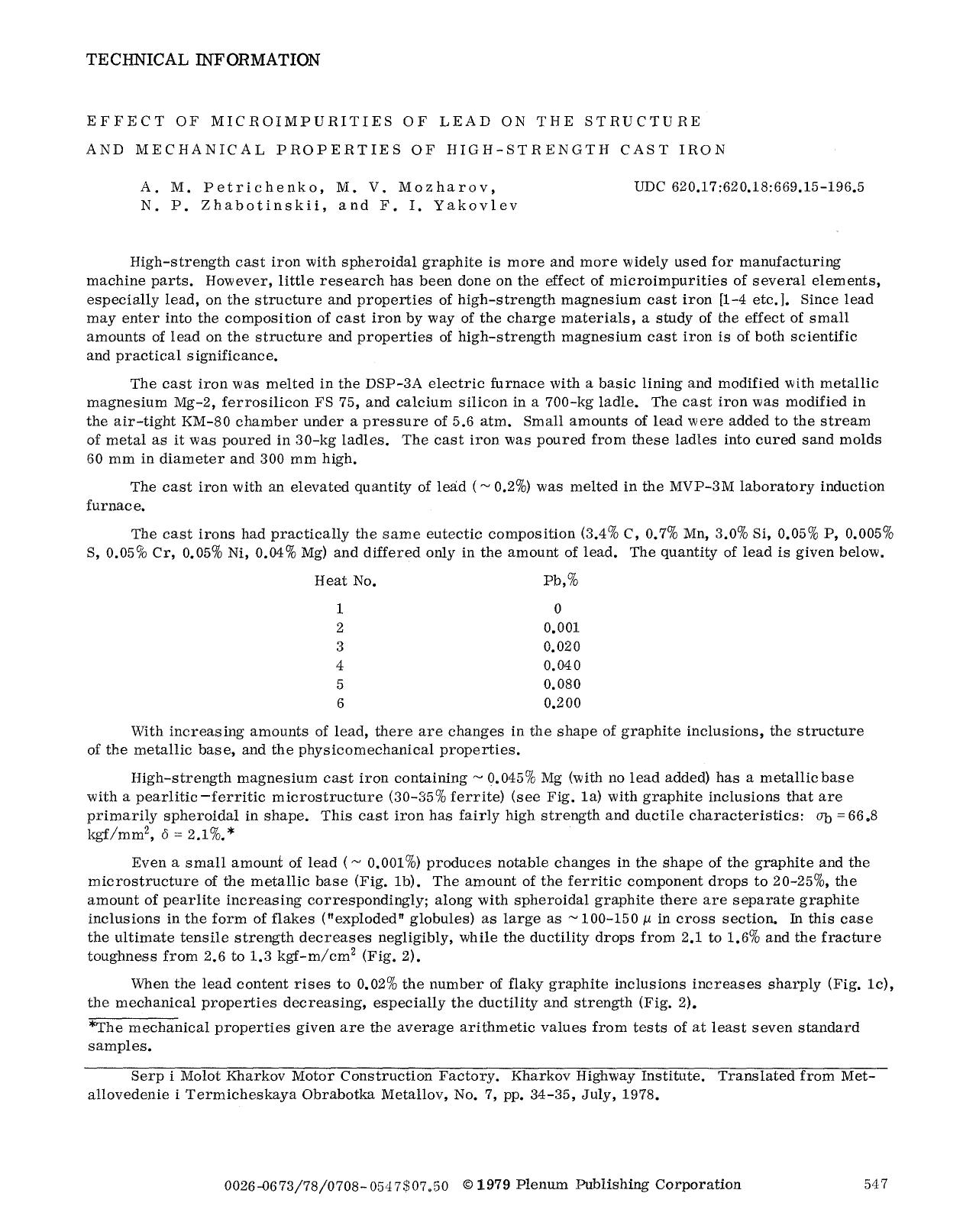 Effect of microimpurities of lead on the structure and mechanical properties of high-strength cast iron by Unknown