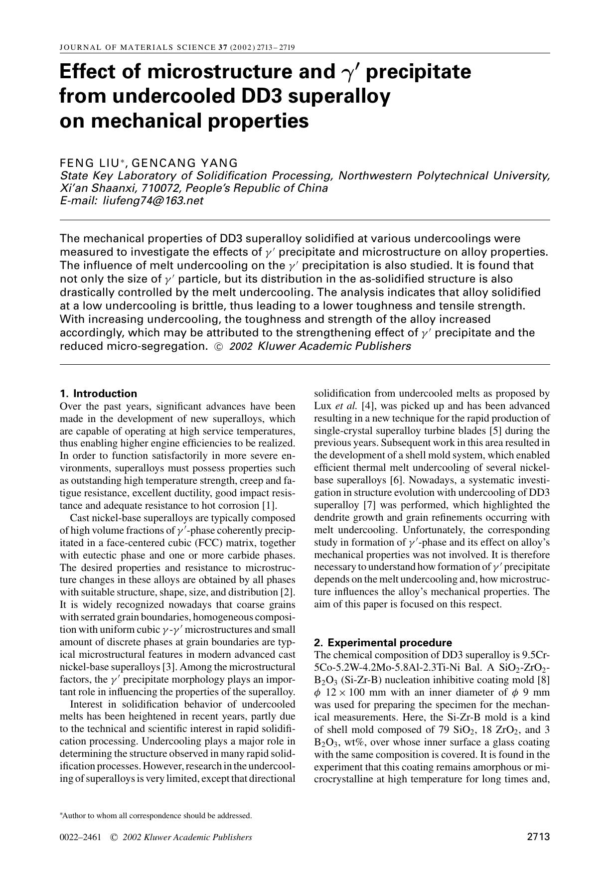 Effect of microstructure and γ′ precipitate from undercooled DD3 superalloy on mechanical properties by Unknown