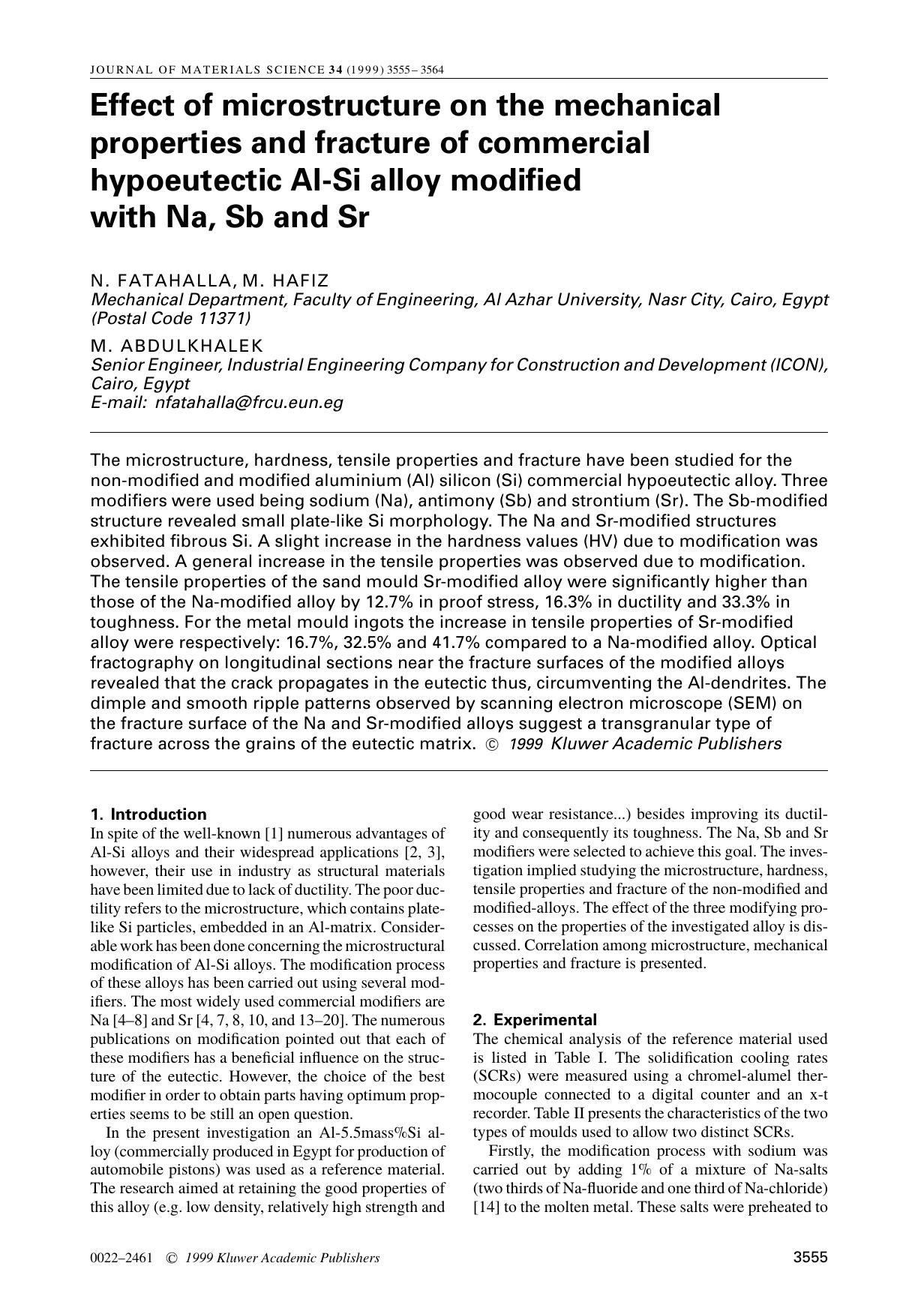 Effect of microstructure on the mechanical properties and fracture of commercial hypoeutectic Al-Si alloy modified with Na, Sb and Sr by Unknown