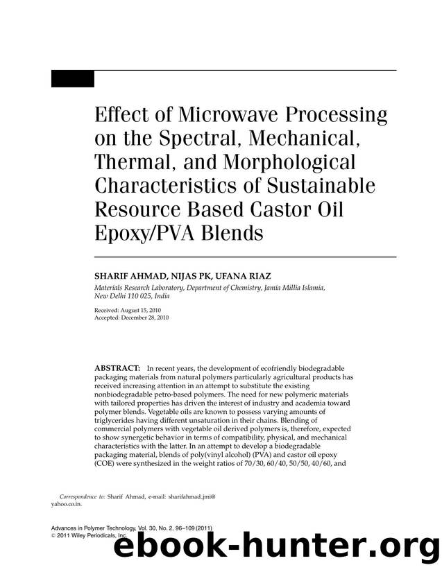 Effect of microwave processing on the spectral, mechanical, thermal, and morphological characteristics of sustainable resource based castor oil EpoxyPVA blends by s113TechBooks