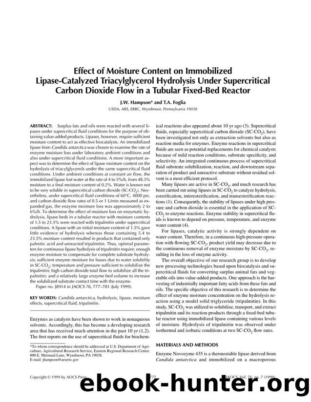 Effect of moisture content on immobilized lipase-catalyzed triacylglycerol hydrolysis under supercritical carbon dioxide flow in a tubular fixed-bed reactor by Unknown