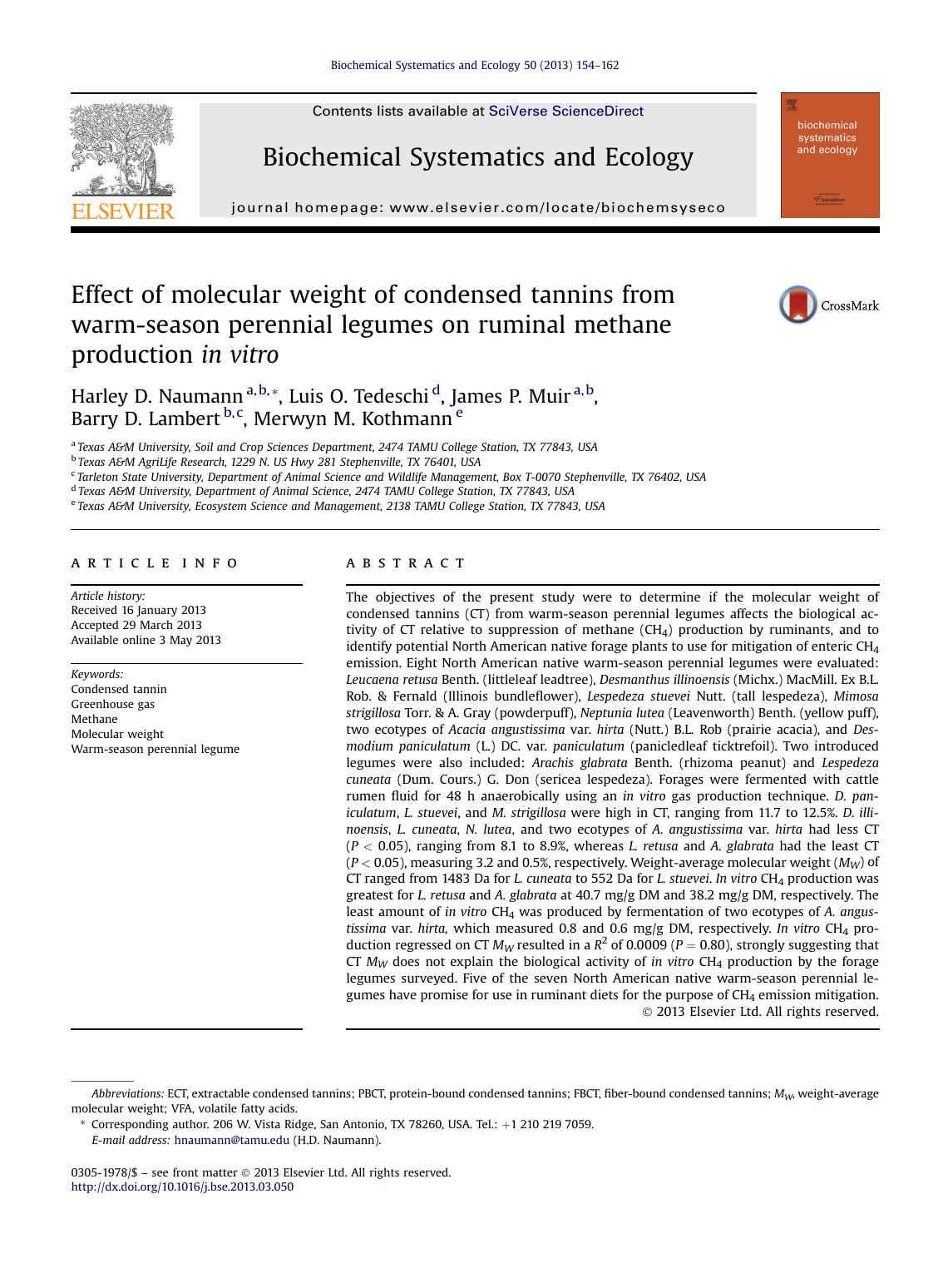 Effect of molecular weight of condensed tannins from warm-season perennial legumes on ruminal methane production in&nbsp;vitro by Harley D. Naumann & Luis O. Tedeschi & James P. Muir & Barry D. Lambert & Merwyn M. Kothmann