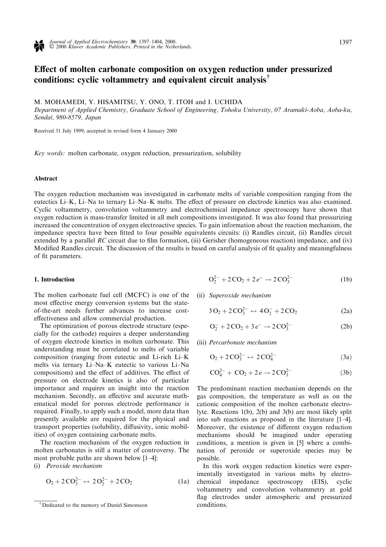 Effect of molten carbonate composition on oxygen reduction under pressurized conditions: cyclic voltammetry and equivalent circuit analysis by Unknown