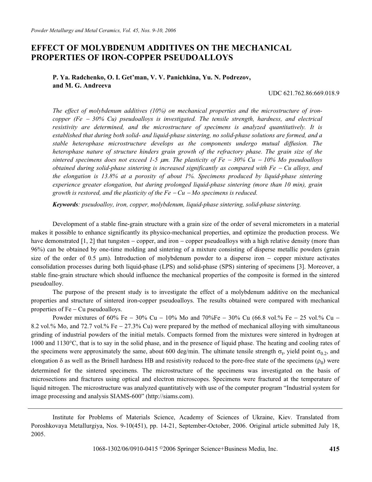 Effect of molybdenum additives on the mechanical properties of iron-copper pseudoalloys by Unknown