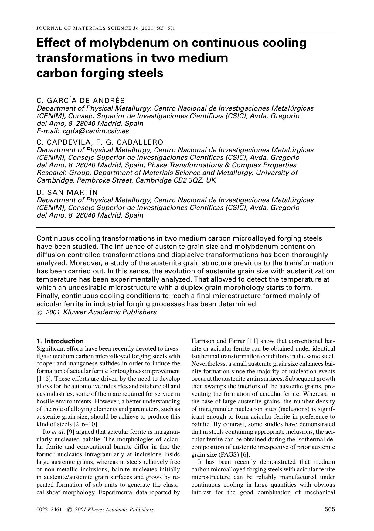 Effect of molybdenum on continuous cooling transformations in two medium carbon forging steels by Unknown