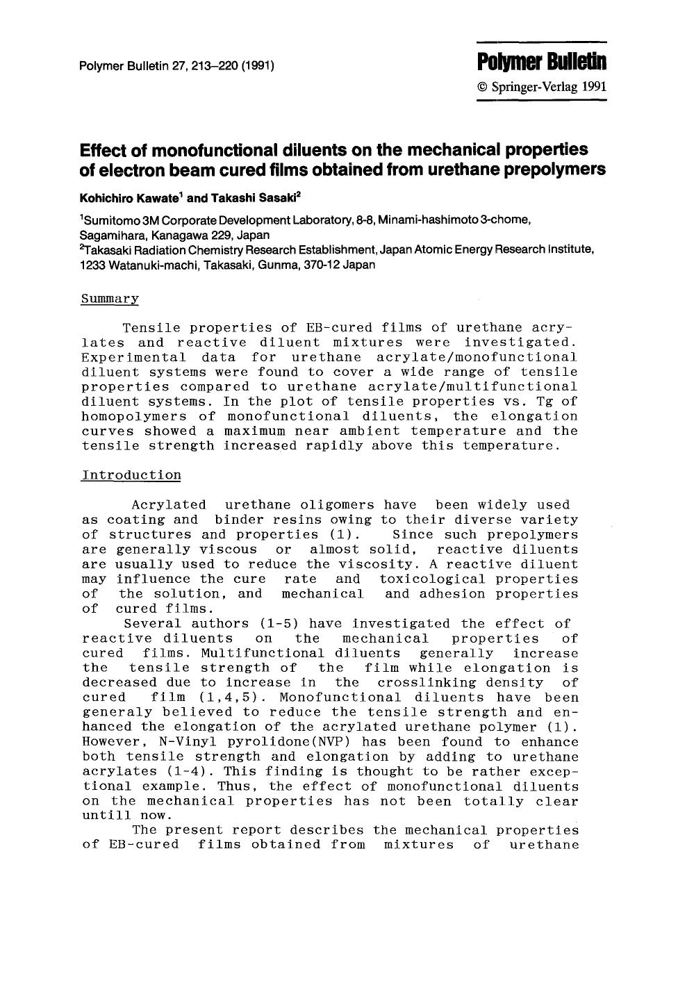 Effect of monofunctional diluents on the mechanical properties of electron beam cured films obtained from urethane prepolymers by Unknown