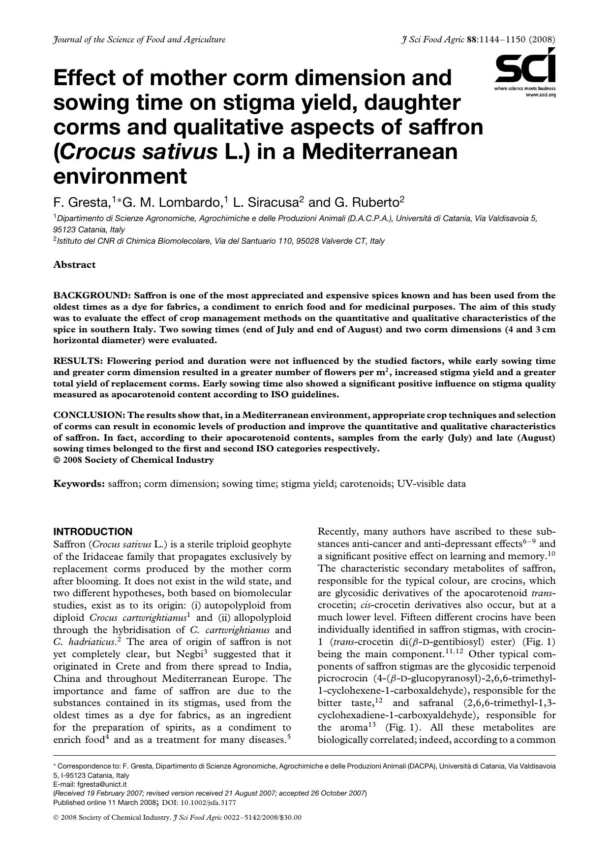 Effect of mother corm dimension and sowing time on stigma yield, daughter corms and qualitative aspects of saffron (Crocus sativus L.) in a Mediterranean environment by Unknown