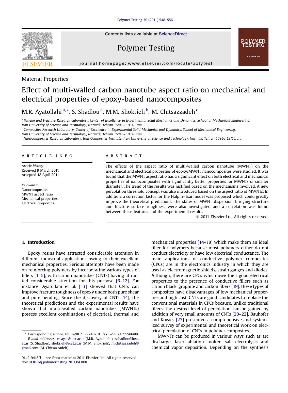 Effect of multi-walled carbon nanotube aspect ratio on mechanical and electrical properties of epoxy-based nanocomposites by M.R. Ayatollahi & S. Shadlou & M.M. Shokrieh & M. Chitsazzadeh
