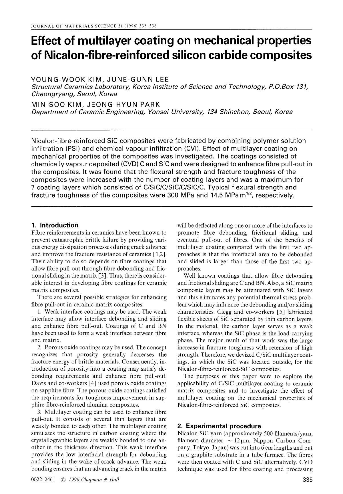 Effect of multilayer coating on mechanical properties of Nicalon-fibre-reinforced silicon carbide composites by Unknown