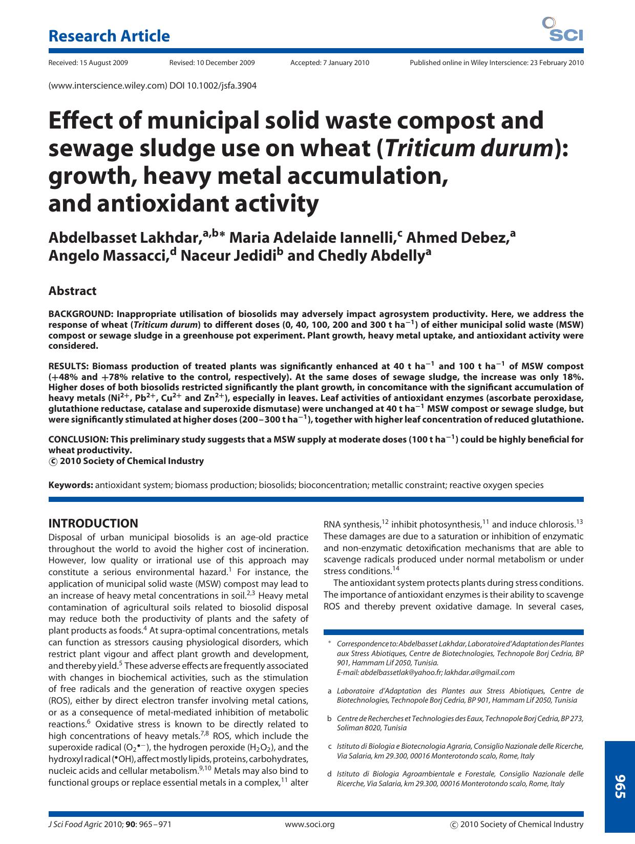 Effect of municipal solid waste compost and sewage sludge use on wheat (Triticum durum): growth, heavy metal accumulation, and antioxidant activity by Unknown