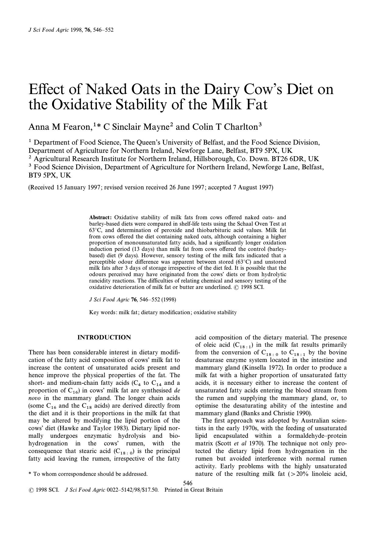 Effect of naked oats in the dairy cow's diet on the oxidative stability of the milk fat by Fearon Mayne Charlton