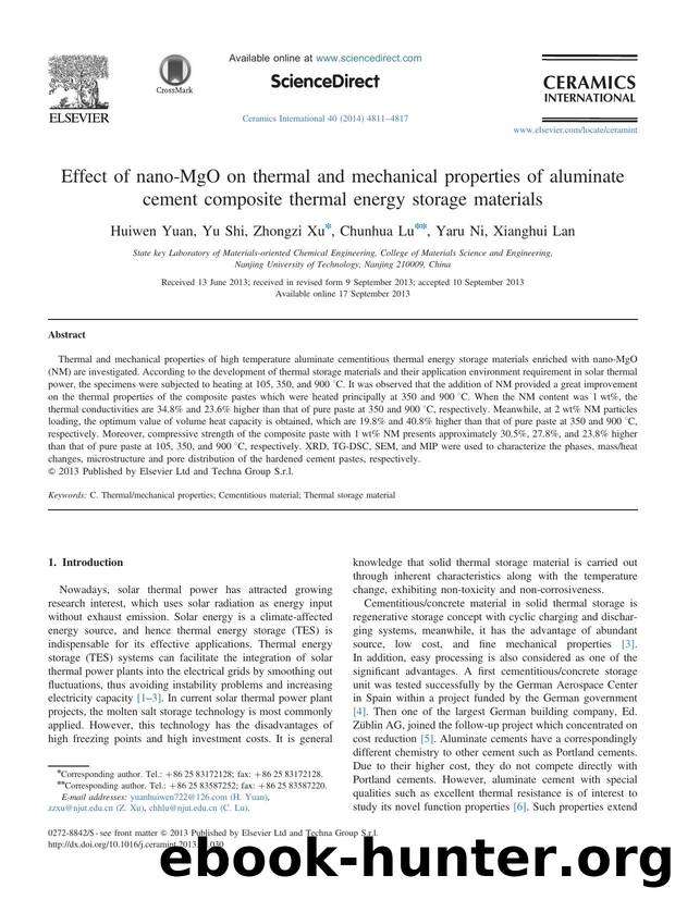 Effect of nano-MgO on thermal and mechanical properties of aluminate cement composite thermal energy storage materials by Huiwen Yuan & Yu Shi & Zhongzi Xu & Chunhua Lu & Yaru Ni & Xianghui Lan