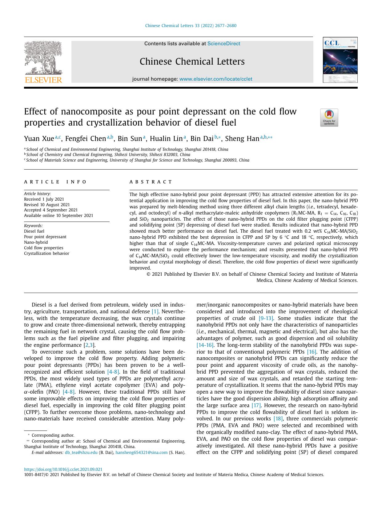 Effect of nanocomposite as pour point depressant on the cold flow properties and crystallization behavior of diesel fuel by Yuan Xue & Fengfei Chen & Bin Sun & Hualin Lin & Bin Dai & Sheng Han