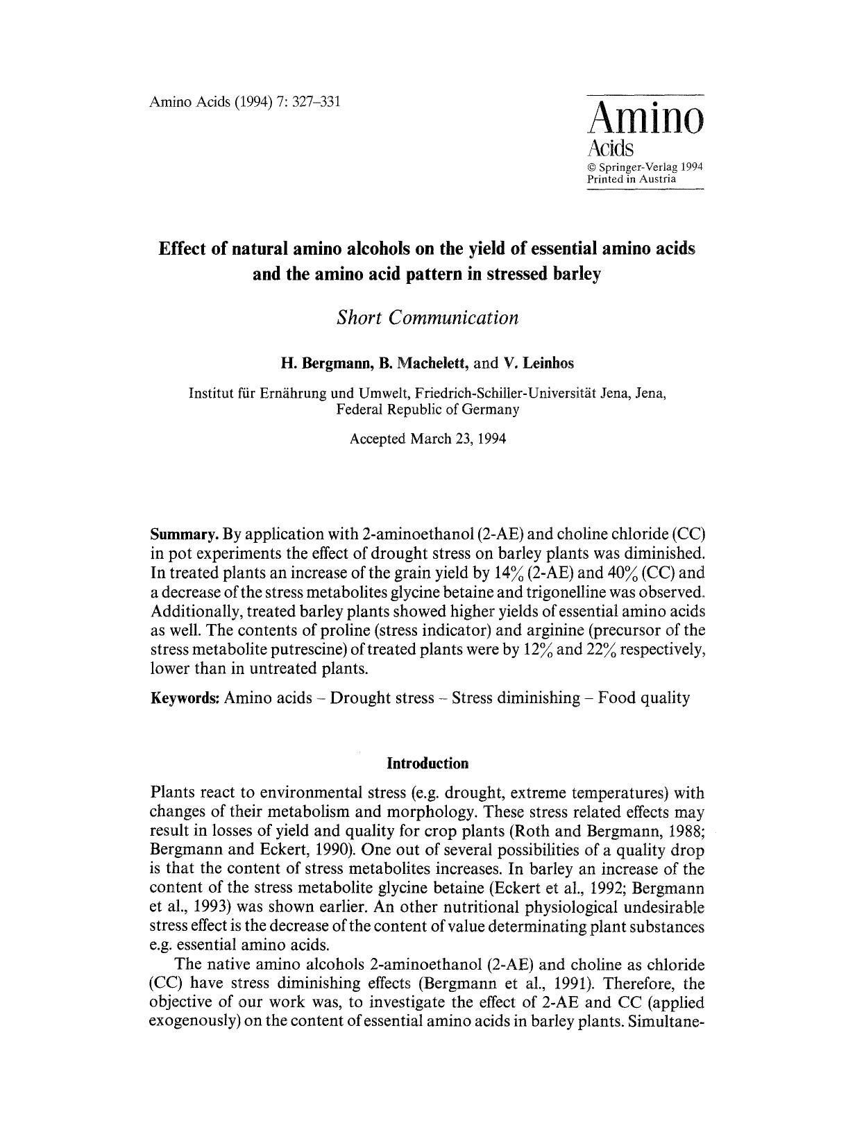 Effect of natural amino alcohols on the yield of essential amino acids and the amino acid pattern in stressed barley by Unknown