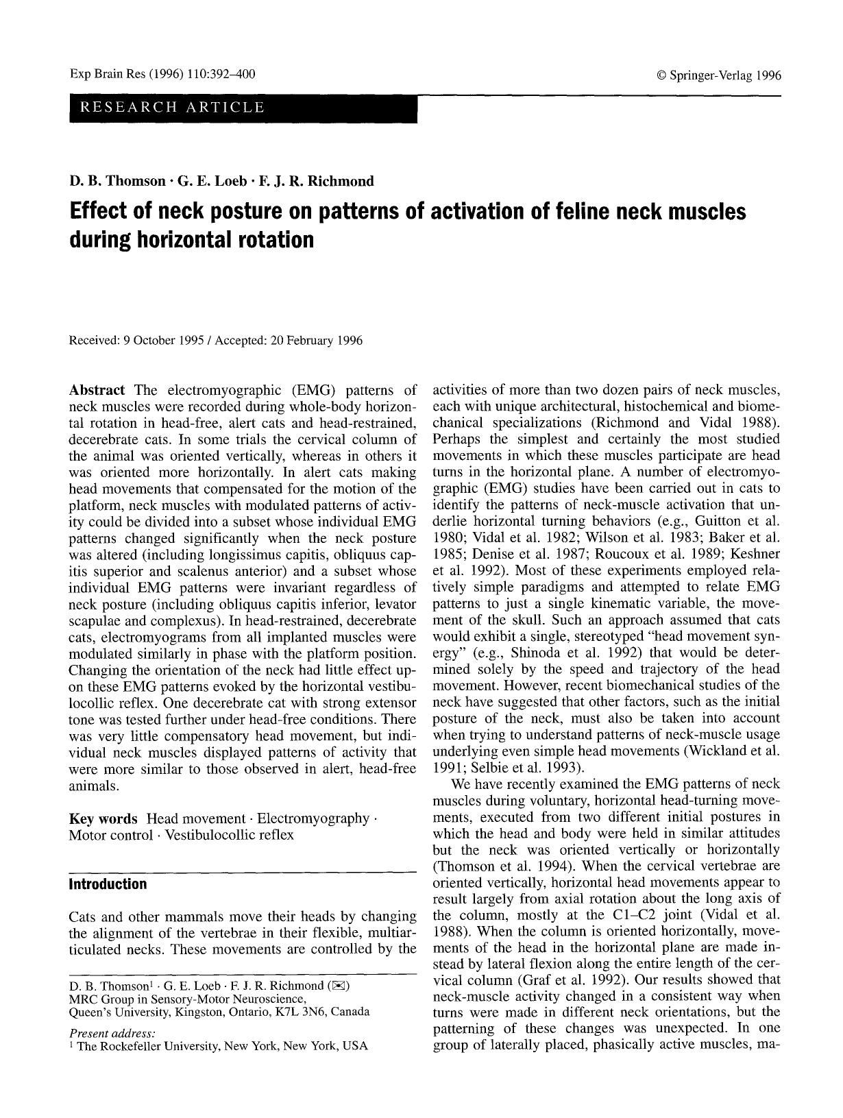Effect of neck posture on patterns of activation of feline neck muscles during horizontal rotation by Unknown
