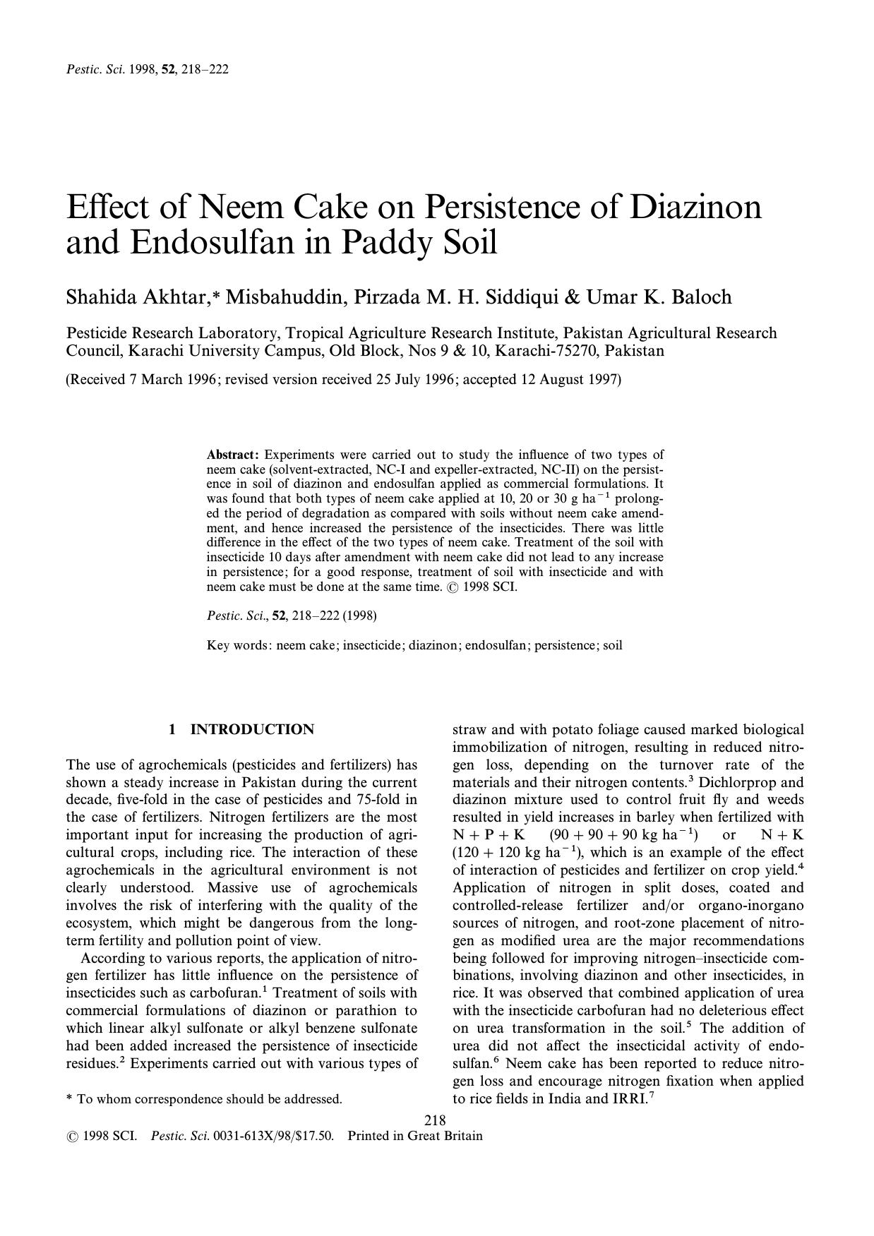 Effect of neem cake on persistence of diazinon and endosulfan in paddy soil by Akhtar Misbahuddin Siddiqui Baloch