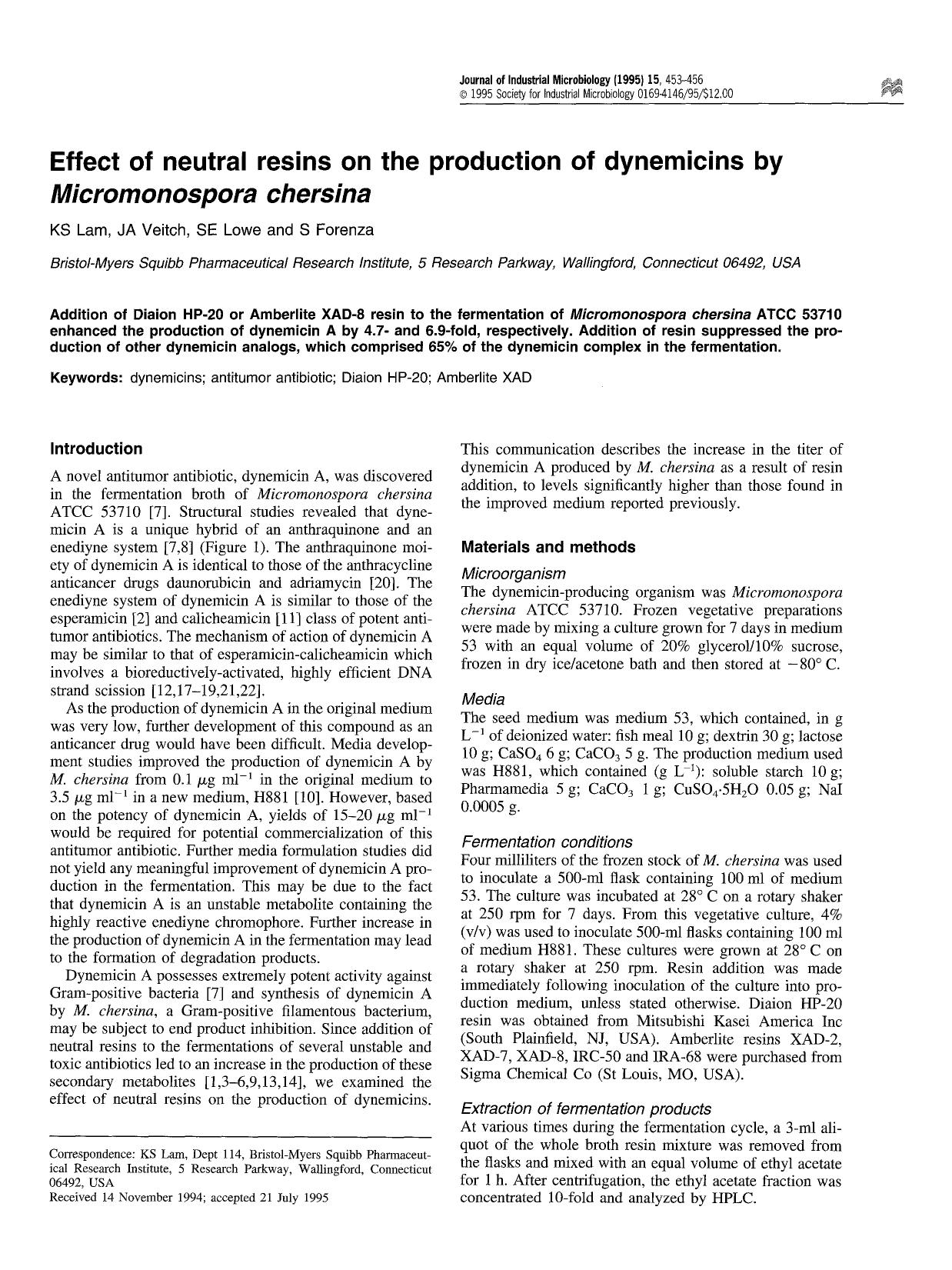 Effect of neutral resins on the production of dynemicins by <Emphasis Type="Italic">Micromonospora chersina <Emphasis> by Unknown