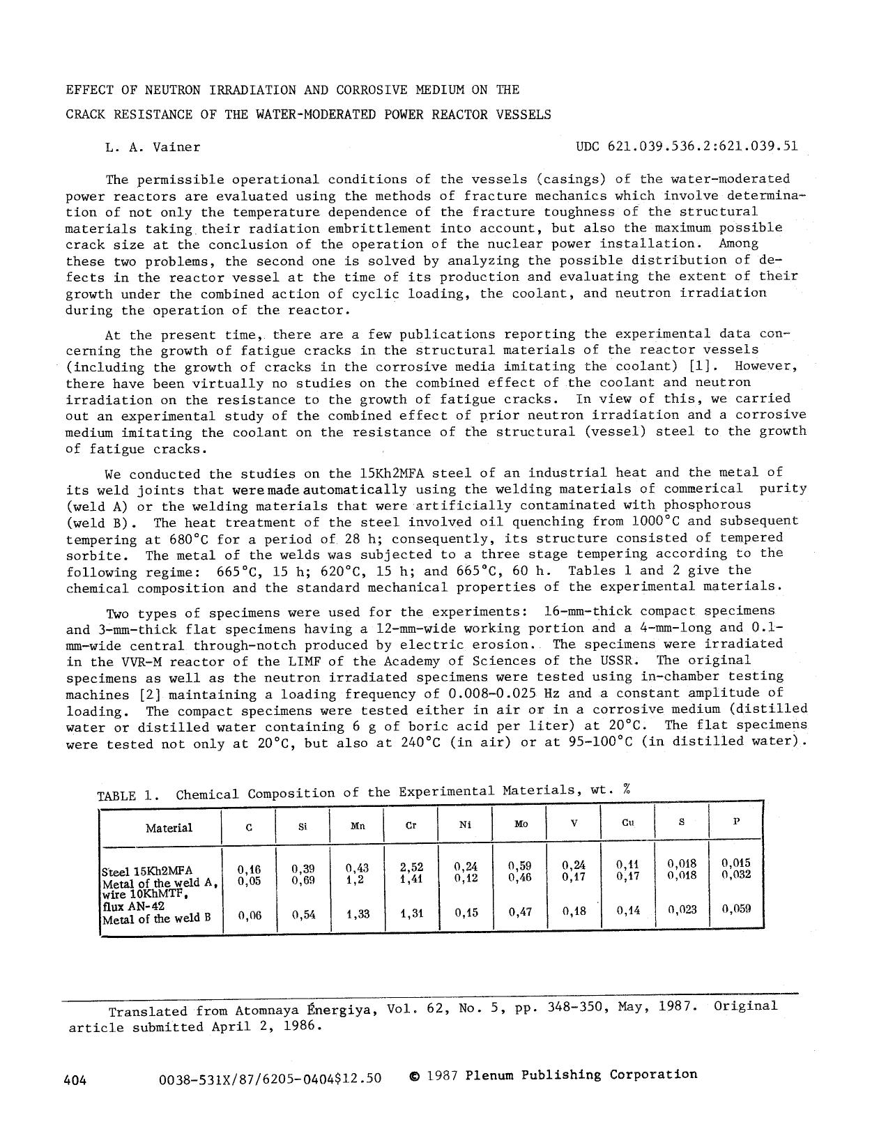 Effect of neutron irradiation and corrosive medium on the crack resistance of the water-moderated power reactor vessels by Unknown