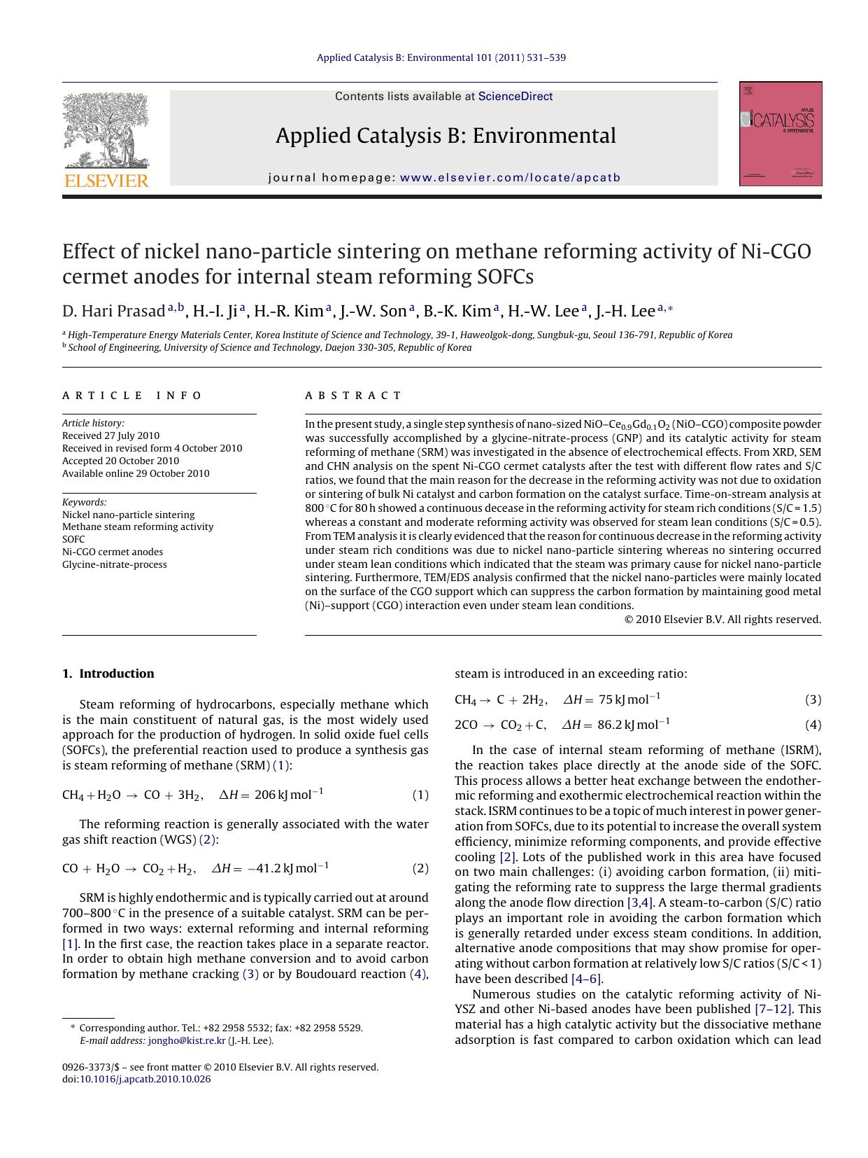 Effect of nickel nano-particle sintering on methane reforming activity of Ni-CGO cermet anodes for internal steam reforming SOFCs by D. Hari Prasad