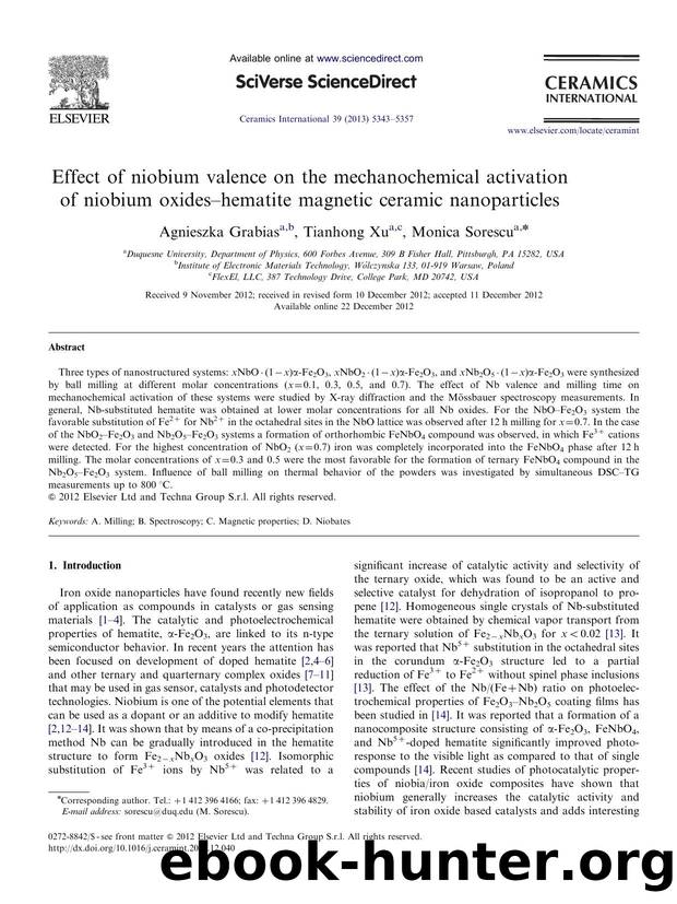 Effect of niobium valence on the mechanochemical activation of niobium oxidesâhematite magnetic ceramic nanoparticles by Agnieszka Grabias & Tianhong Xu & Monica Sorescu